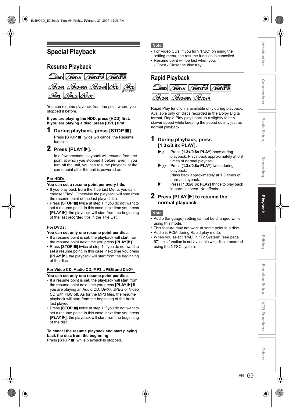 Special playback, Resume playback, Rapid playback | Toshiba RD-XV47KE User Manual | Page 69 / 111