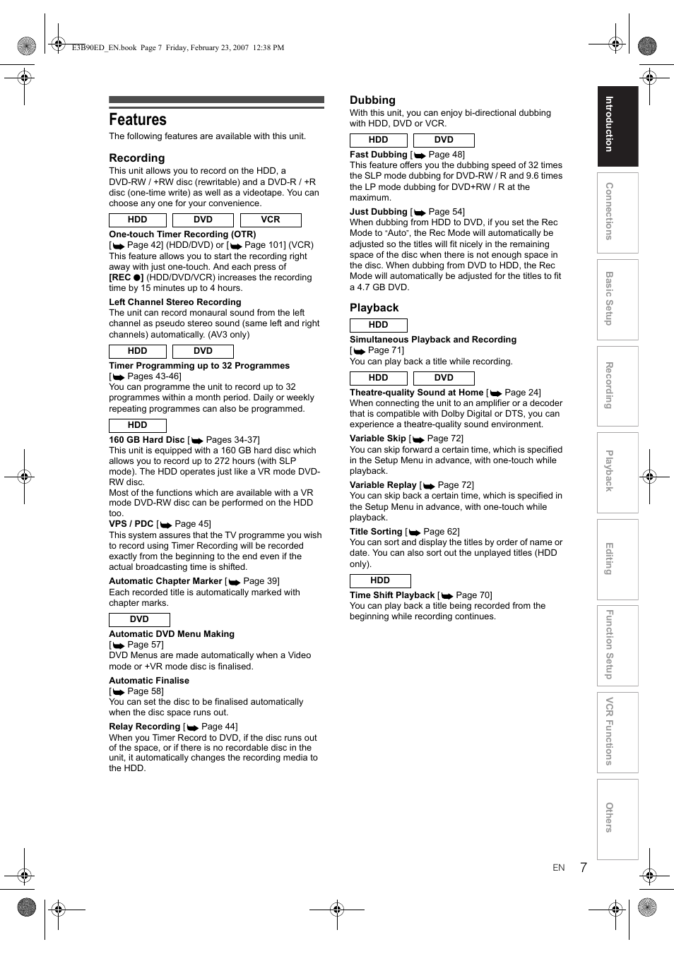 Features | Toshiba RD-XV47KE User Manual | Page 7 / 111
