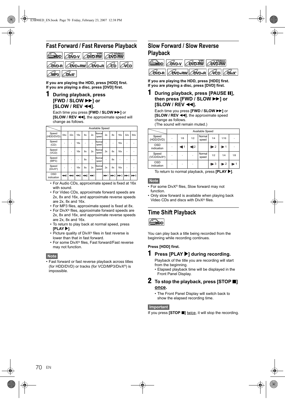 Fast forward / fast reverse playback, Slow forward / slow reverse playback, Time shift playback | Press [play p ] during recording | Toshiba RD-XV47KE User Manual | Page 70 / 111