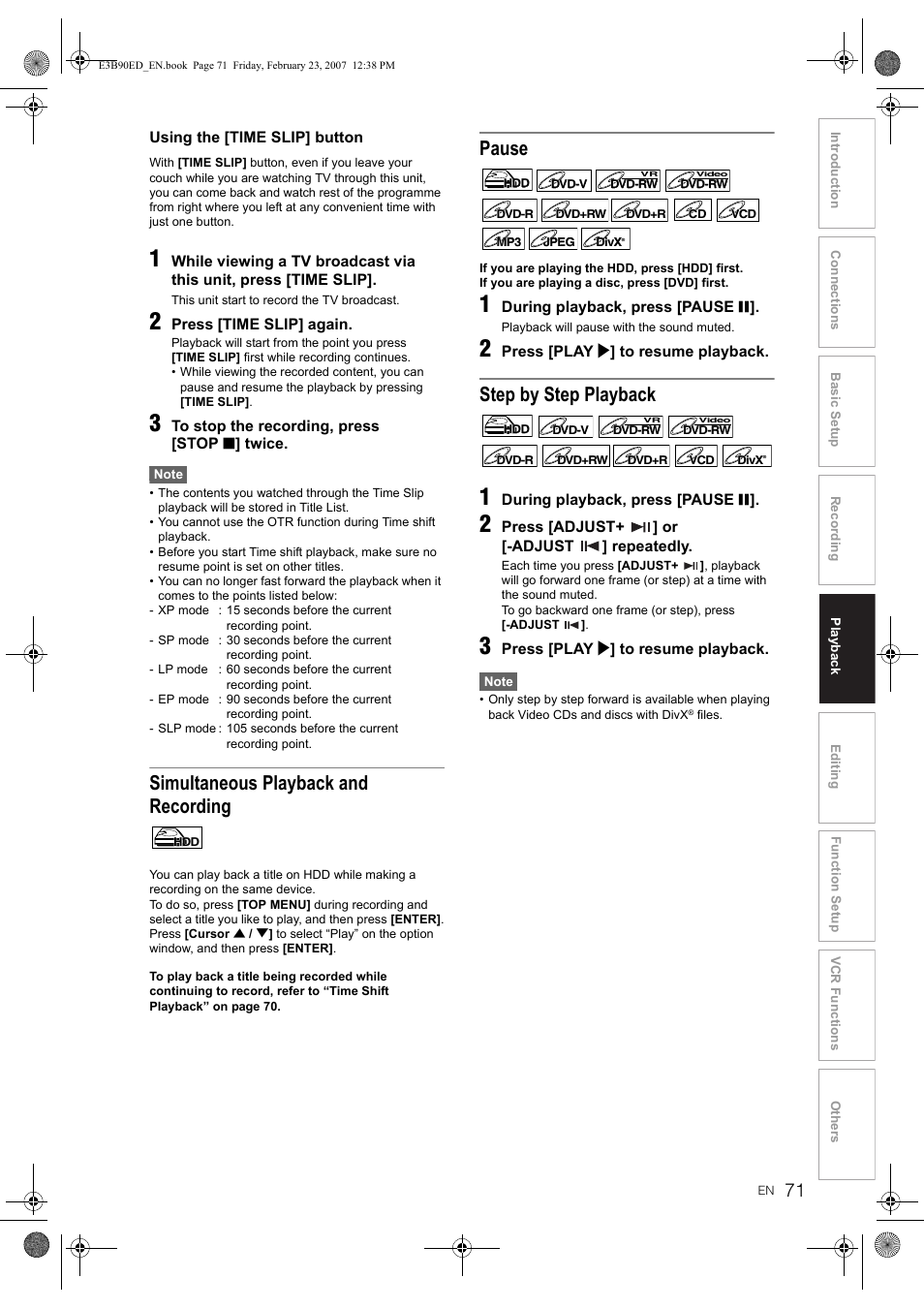 Simultaneous playback and recording, Pause, Step by step playback | Toshiba RD-XV47KE User Manual | Page 71 / 111