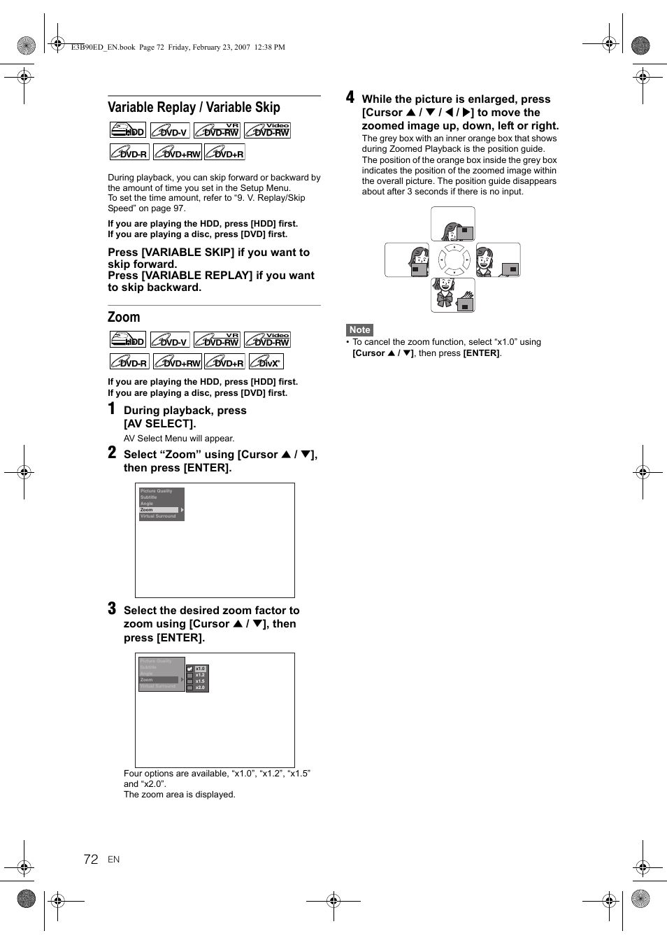 Variable replay / variable skip, Zoom | Toshiba RD-XV47KE User Manual | Page 72 / 111