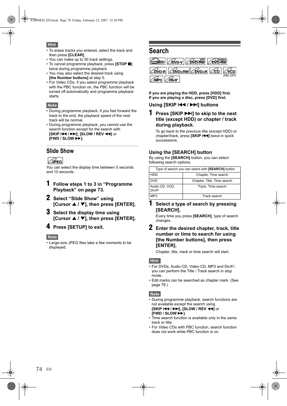 Search, Slide show | Toshiba RD-XV47KE User Manual | Page 74 / 111