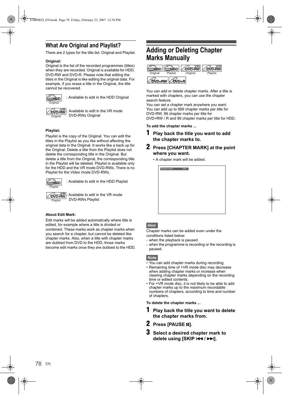 Adding or deleting chapter marks manually, What are original and playlist | Toshiba RD-XV47KE User Manual | Page 78 / 111