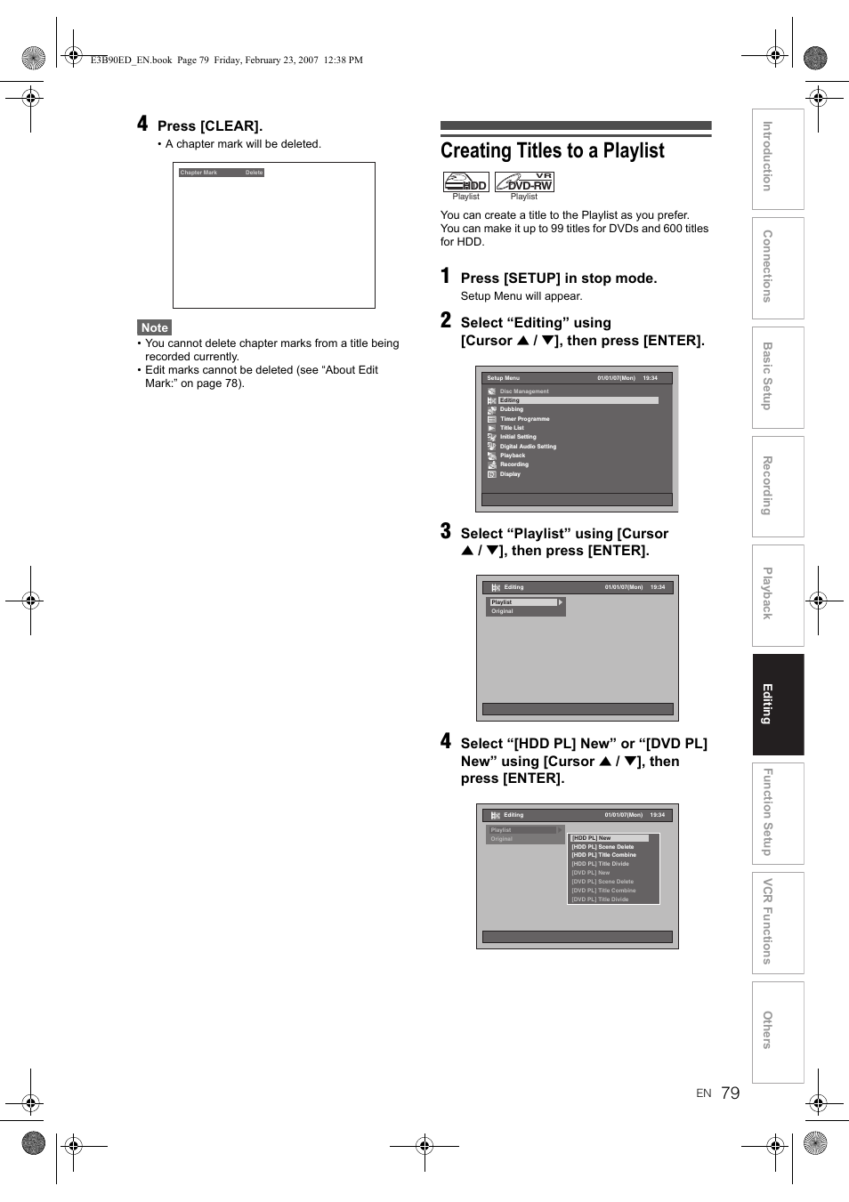 Creating titles to a playlist, Press [clear, Press [setup] in stop mode | Select “editing” using [cursor, Then press [enter, Select “playlist” using [cursor | Toshiba RD-XV47KE User Manual | Page 79 / 111