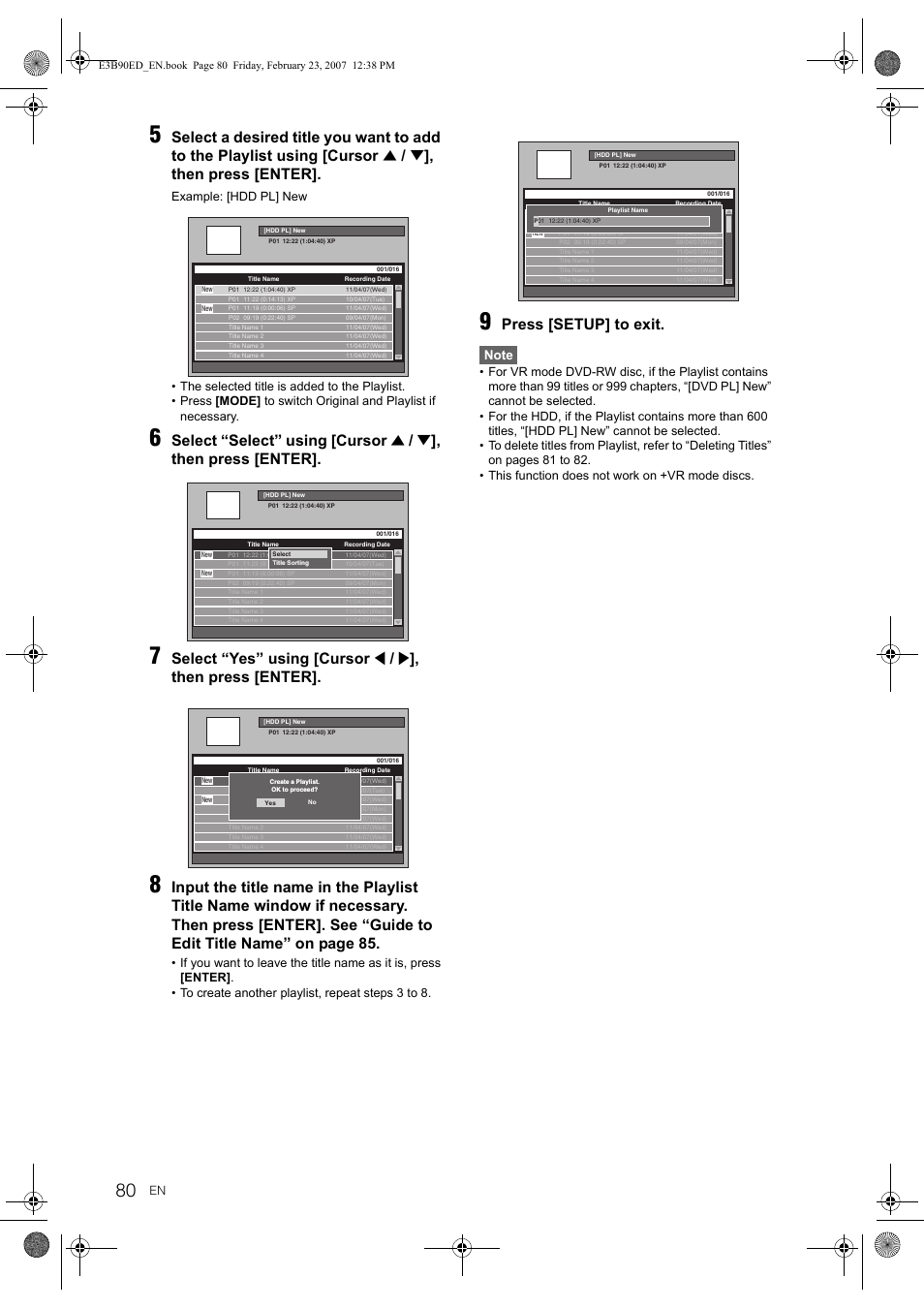 Then press [enter, Select “select” using [cursor, Select “yes” using [cursor | Press [setup] to exit | Toshiba RD-XV47KE User Manual | Page 80 / 111