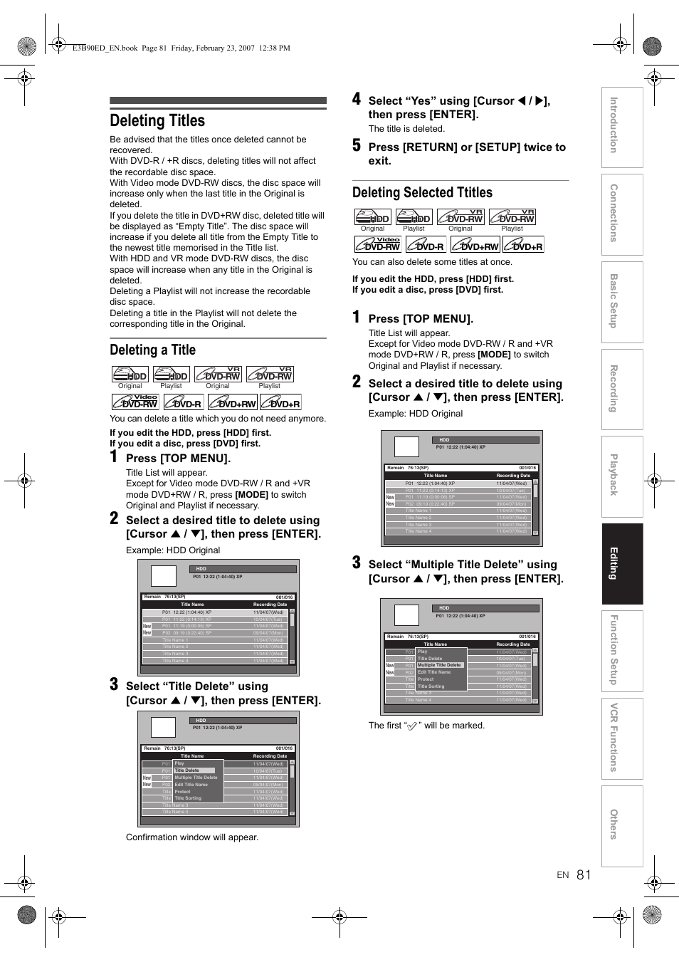 Deleting titles, Deleting a title, Deleting selected ttitles | Press [top menu, Select a desired title to delete using [cursor, Then press [enter, Select “title delete” using [cursor, Select “yes” using [cursor, Press [return] or [setup] twice to exit, Select “multiple title delete” using [cursor | Toshiba RD-XV47KE User Manual | Page 81 / 111
