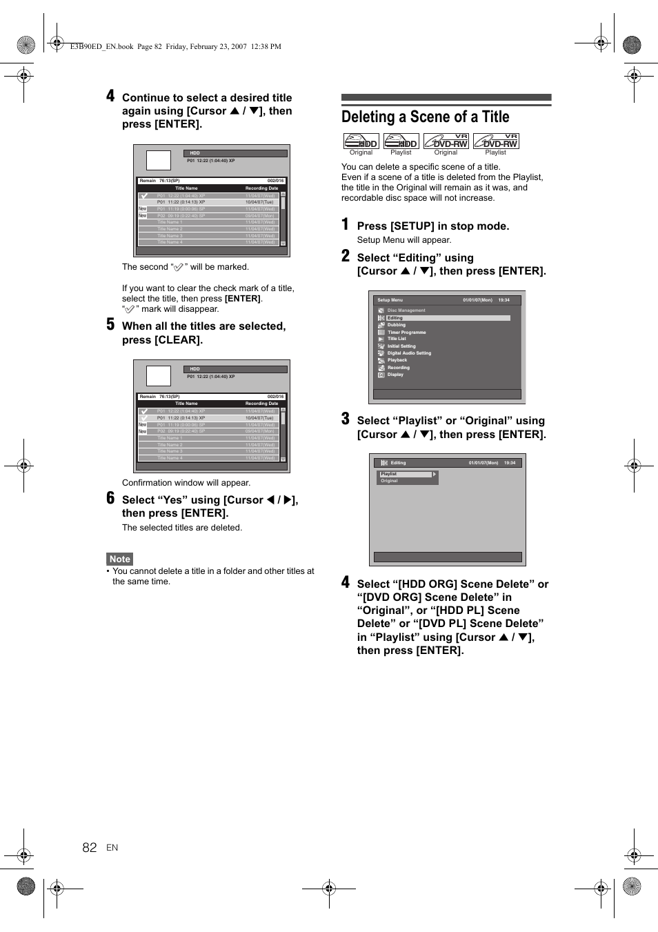 Deleting a scene of a title, Then press [enter, When all the titles are selected, press [clear | Select “yes” using [cursor, Press [setup] in stop mode, Select “editing” using [cursor, Select “playlist” or “original” using [cursor | Toshiba RD-XV47KE User Manual | Page 82 / 111