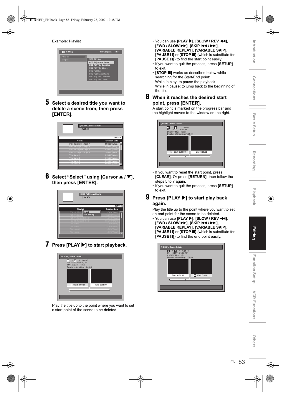 Select “select” using [cursor, Then press [enter, Press [play p ] to start playback | Press [play p ] to start play back again | Toshiba RD-XV47KE User Manual | Page 83 / 111