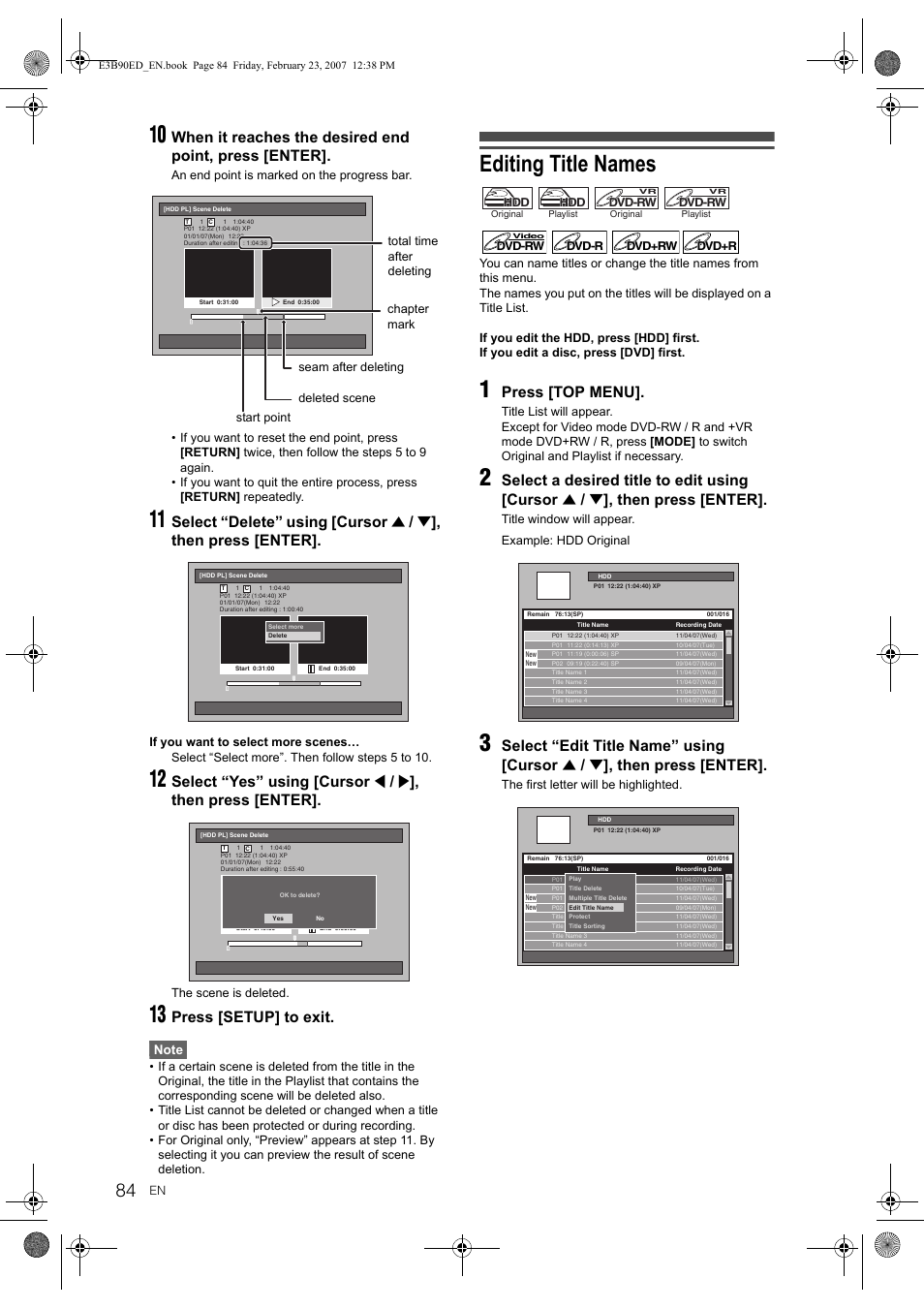 Editing title names, Select “delete” using [cursor, Then press [enter | Select “yes” using [cursor, Press [setup] to exit, Press [top menu, Select a desired title to edit using [cursor, Select “edit title name” using [cursor | Toshiba RD-XV47KE User Manual | Page 84 / 111