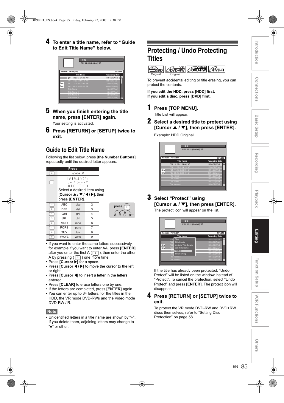 Protecting / undo protecting titles, Guide to edit title name, Press [return] or [setup] twice to exit | Press [top menu, Select a desired title to protect using [cursor, Then press [enter, Select “protect” using [cursor | Toshiba RD-XV47KE User Manual | Page 85 / 111