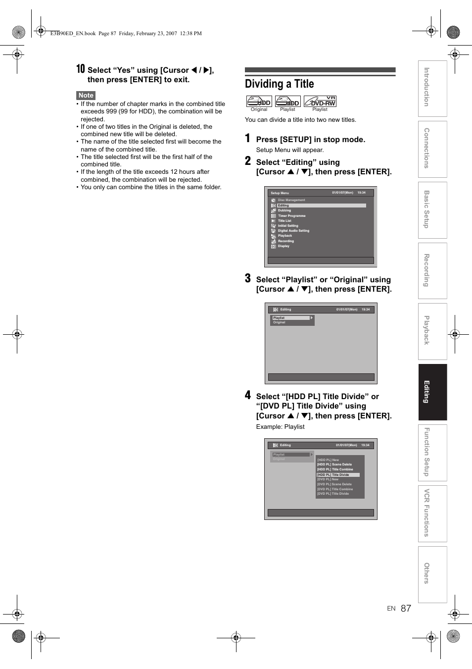 Dividing a title, Select “yes” using [cursor, Then press [enter] to exit | Press [setup] in stop mode, Select “editing” using [cursor, Then press [enter, Select “playlist” or “original” using [cursor | Toshiba RD-XV47KE User Manual | Page 87 / 111