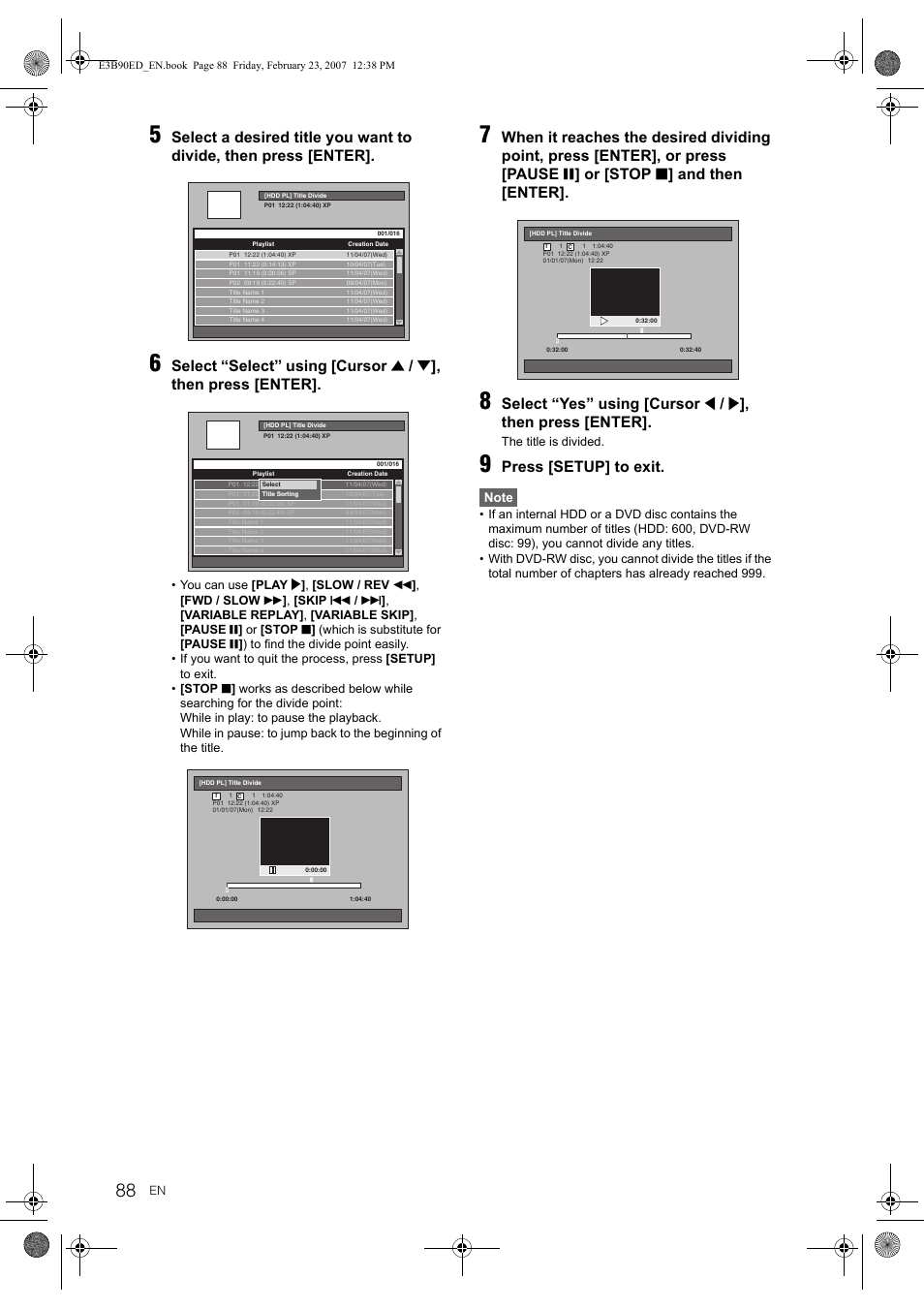 Select “select” using [cursor, Then press [enter, Select “yes” using [cursor | Press [setup] to exit | Toshiba RD-XV47KE User Manual | Page 88 / 111
