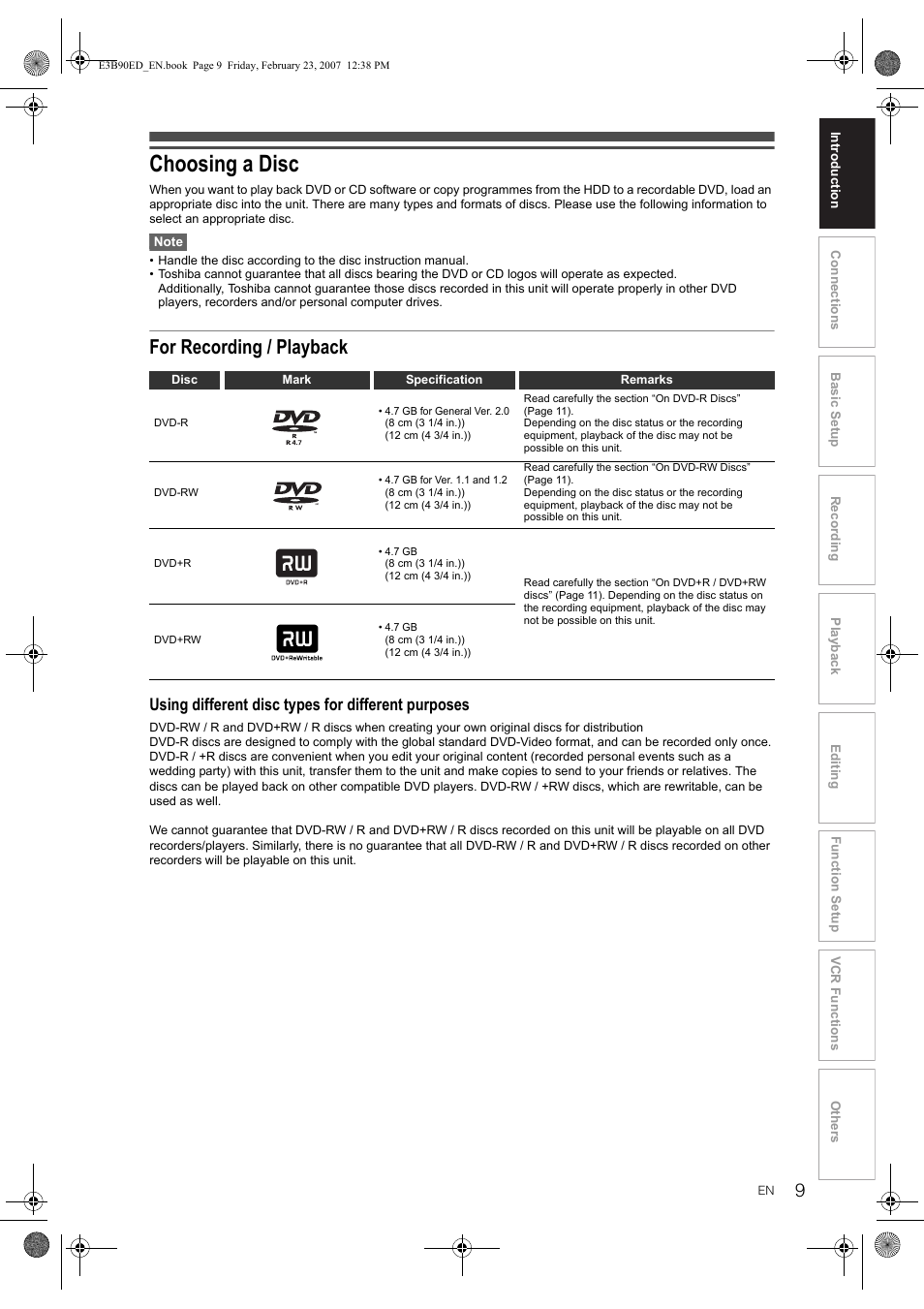 Choosing a disc, For recording / playback, Using different disc types for different purposes | Toshiba RD-XV47KE User Manual | Page 9 / 111