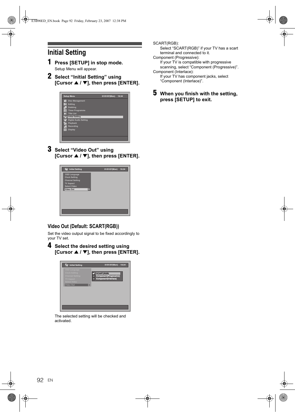 Initial setting 1, Video out (default: scart(rgb)), Press [setup] in stop mode | Select “initial setting” using [cursor, Then press [enter, Select “video out” using [cursor, Select the desired setting using [cursor | Toshiba RD-XV47KE User Manual | Page 92 / 111
