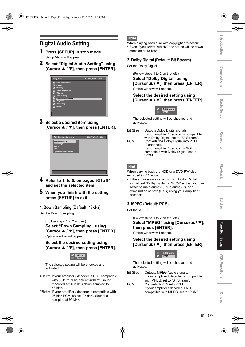 Digital audio setting 1, Down sampling (default: 48khz), Dolby digital (default: bit stream) | Mpeg (default: pcm) | Toshiba RD-XV47KE User Manual | Page 93 / 111