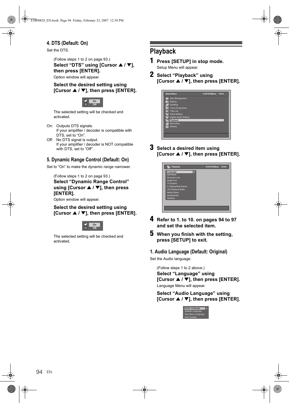 Playback 1, Dts (default: on), Dynamic range control (default: on) | Audio language (default: original) | Toshiba RD-XV47KE User Manual | Page 94 / 111