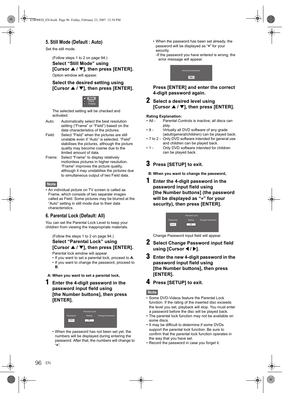 Still mode (default : auto), Parental lock (default: all) | Toshiba RD-XV47KE User Manual | Page 96 / 111