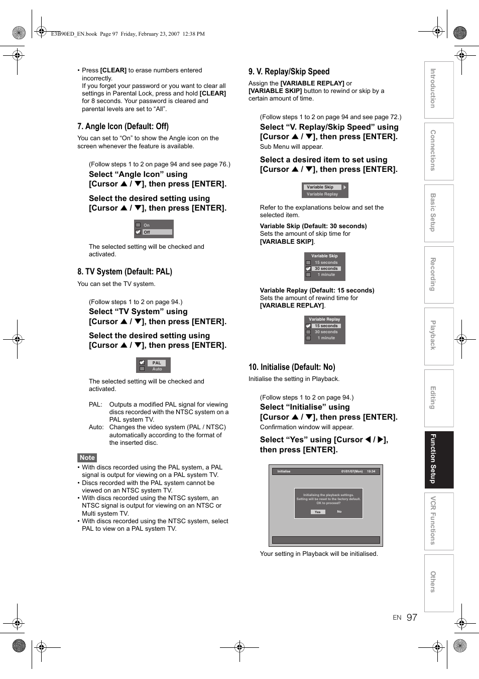 Angle icon (default: off), Tv system (default: pal), V. replay/skip speed | Initialise (default: no) | Toshiba RD-XV47KE User Manual | Page 97 / 111