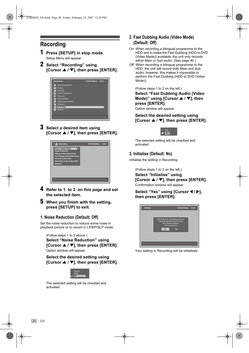 Recording 1, Noise reduction (default: off), Fast dubbing audio (video mode) (default: off) | Initialise (default: no) | Toshiba RD-XV47KE User Manual | Page 98 / 111