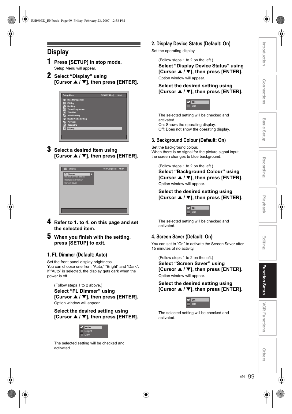 Display 1, Fl dimmer (default: auto), Display device status (default: on) | Background colour (default: on), Screen saver (default: on) | Toshiba RD-XV47KE User Manual | Page 99 / 111