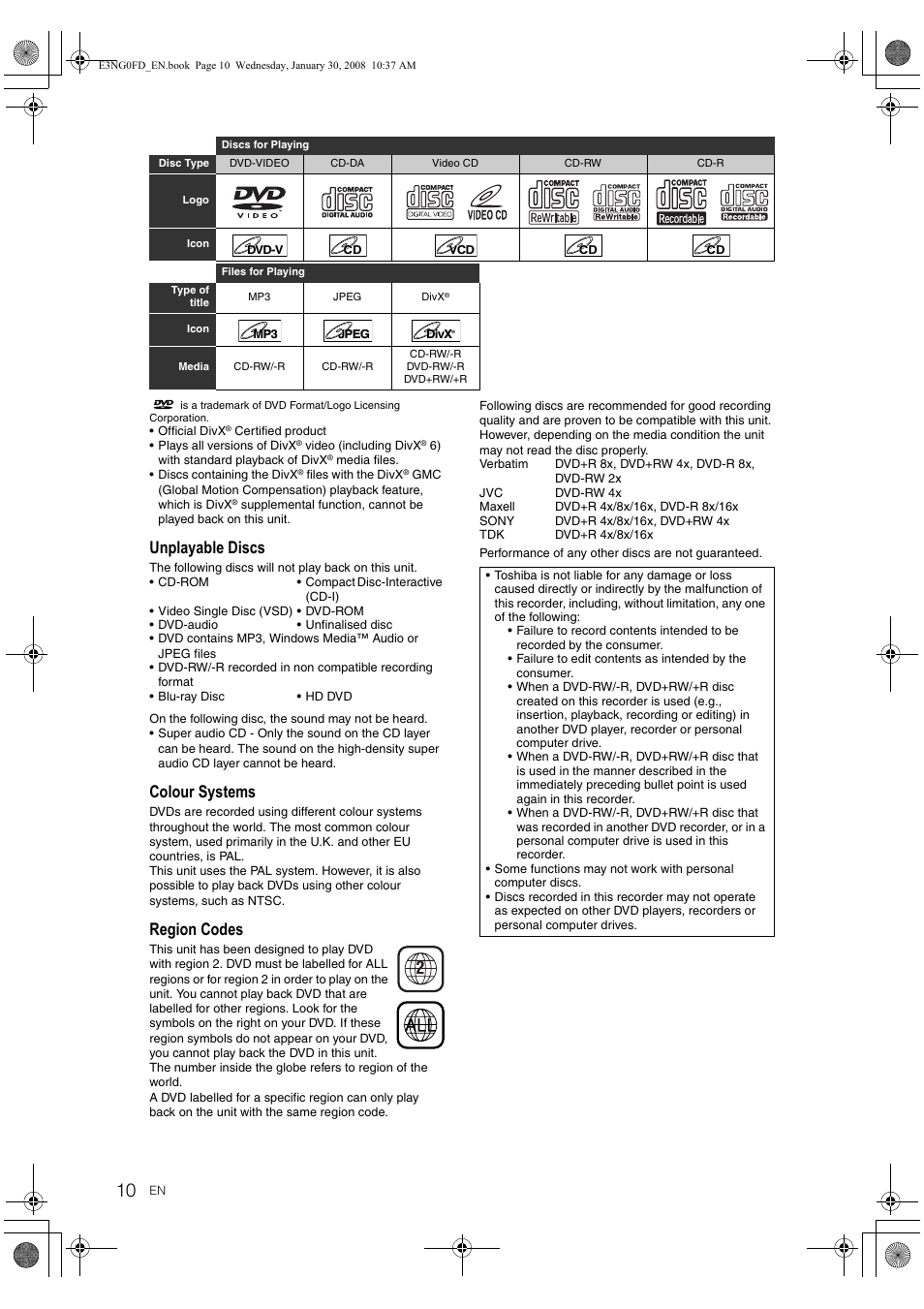 Unplayable discs, Colour systems, Region codes | Toshiba RD-XV48DTKF User Manual | Page 10 / 103