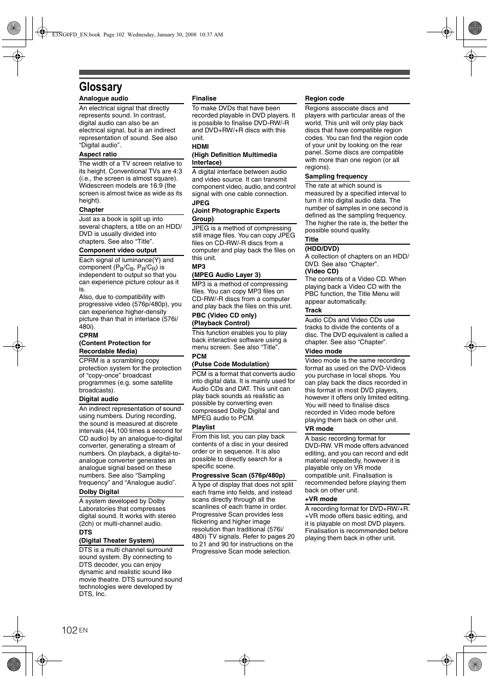 Glossary | Toshiba RD-XV48DTKF User Manual | Page 102 / 103