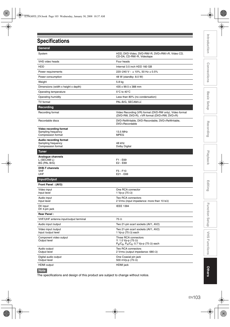 Specifications | Toshiba RD-XV48DTKF User Manual | Page 103 / 103