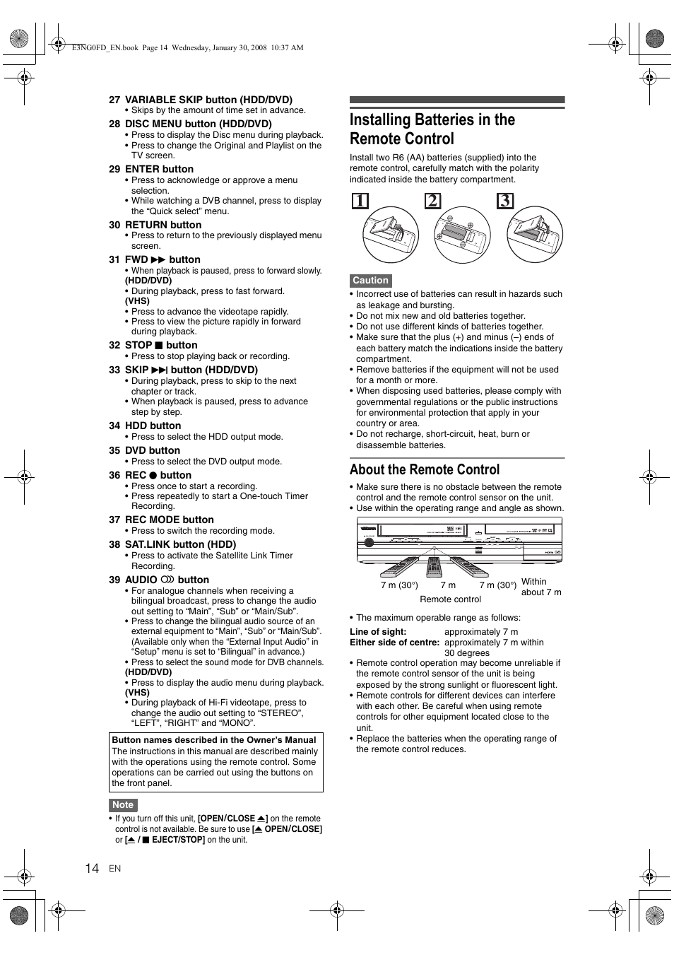 Installing batteries in the remote control, About the remote control | Toshiba RD-XV48DTKF User Manual | Page 14 / 103