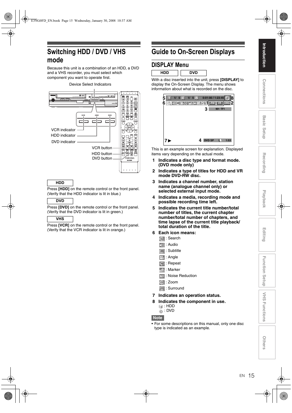 Switching hdd / dvd / vhs mode, Guide to on-screen displays, Display menu | Toshiba RD-XV48DTKF User Manual | Page 15 / 103