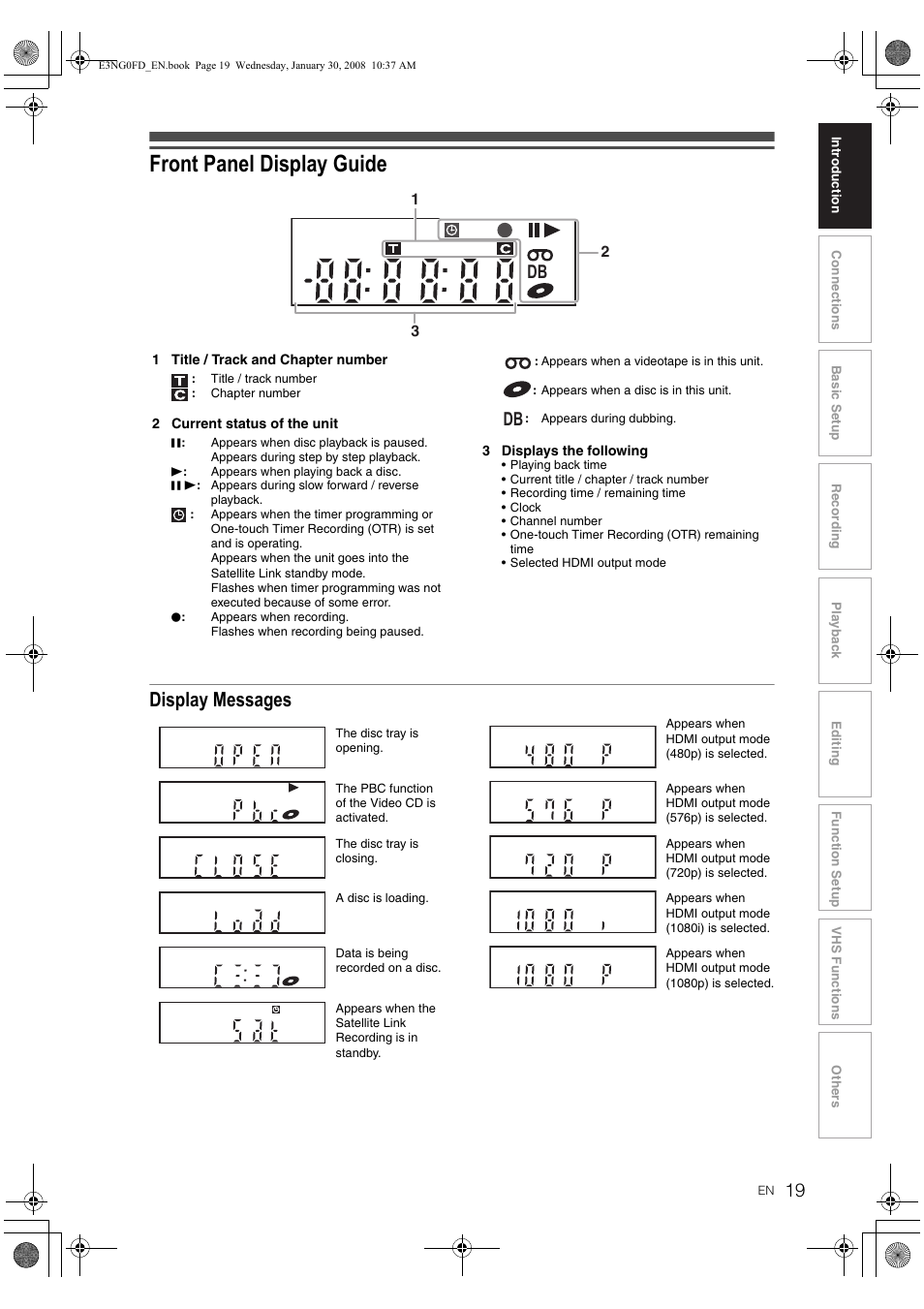 Front panel display guide, Display messages | Toshiba RD-XV48DTKF User Manual | Page 19 / 103