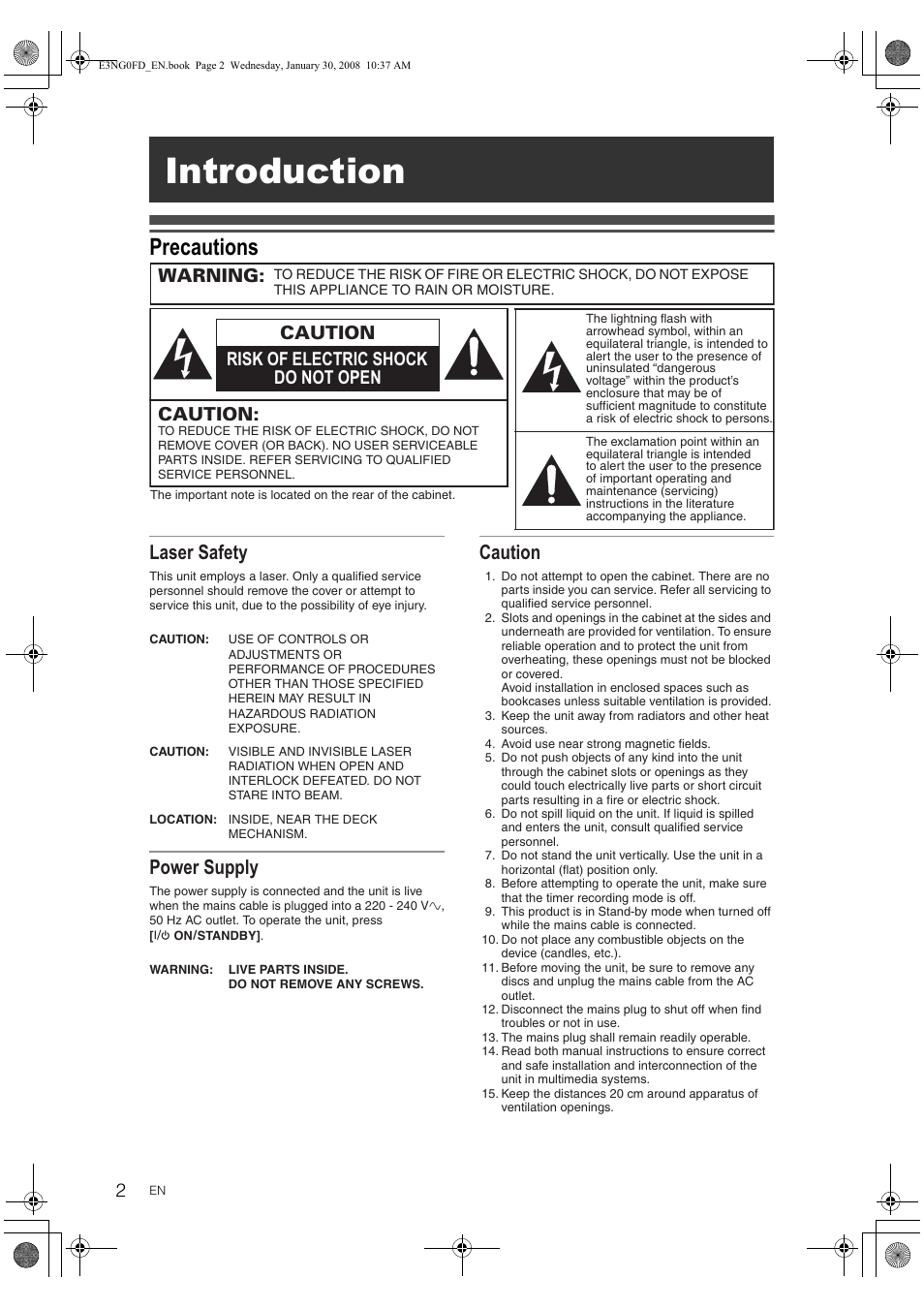 Introduction, Precautions, Laser safety | Power supply, Warning, Caution, Caution risk of electric shock do not open | Toshiba RD-XV48DTKF User Manual | Page 2 / 103