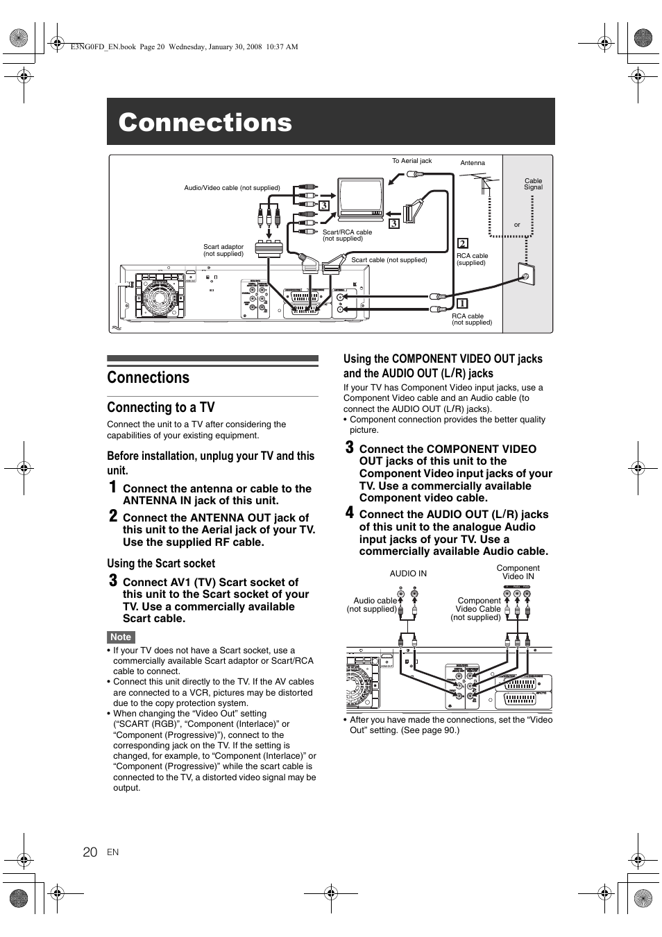 Connections, Connecting to a tv, Before installation, unplug your tv and this unit | Using the scart socket | Toshiba RD-XV48DTKF User Manual | Page 20 / 103