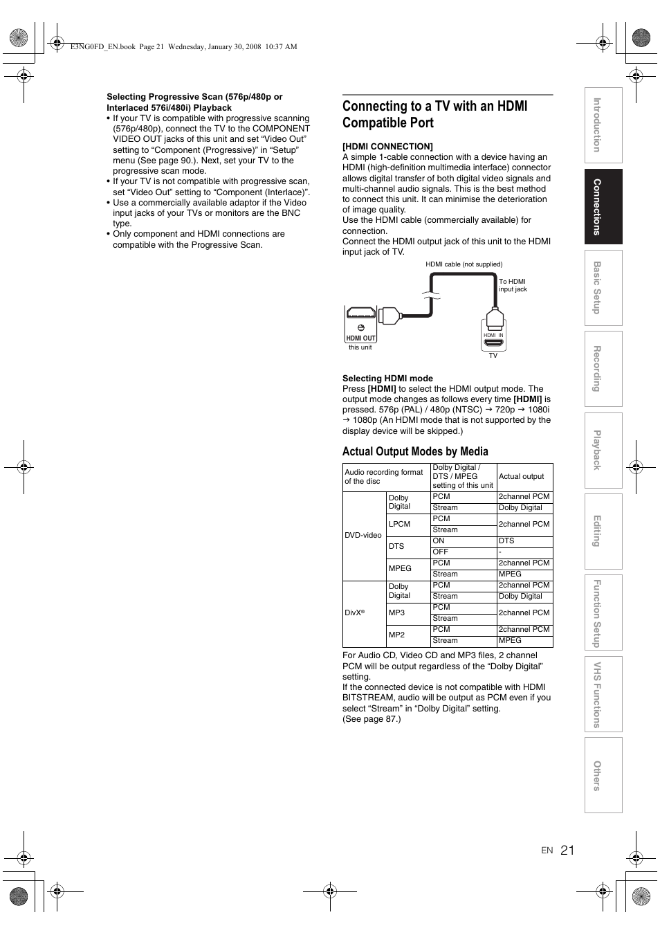 Connecting to a tv with an hdmi compatible port, Actual output modes by media | Toshiba RD-XV48DTKF User Manual | Page 21 / 103
