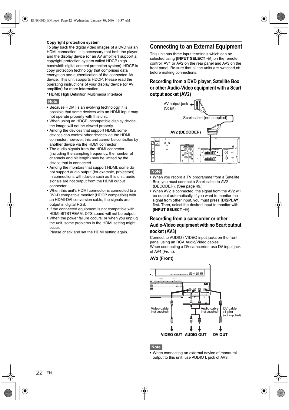 Connecting to an external equipment, Av3 ( front) | Toshiba RD-XV48DTKF User Manual | Page 22 / 103