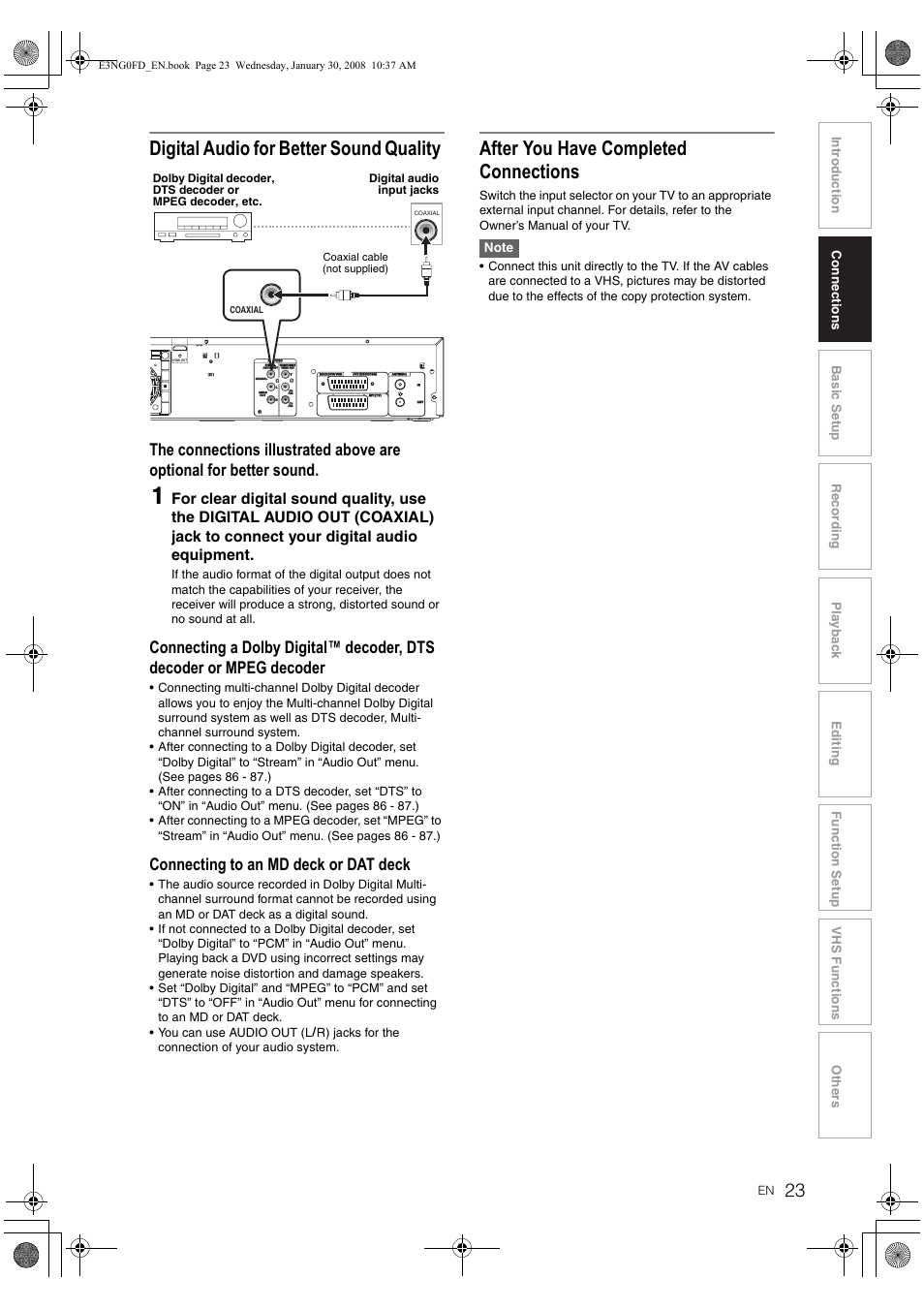 Digital audio for better sound quality, After you have completed connections, Connecting to an md deck or dat deck | Toshiba RD-XV48DTKF User Manual | Page 23 / 103