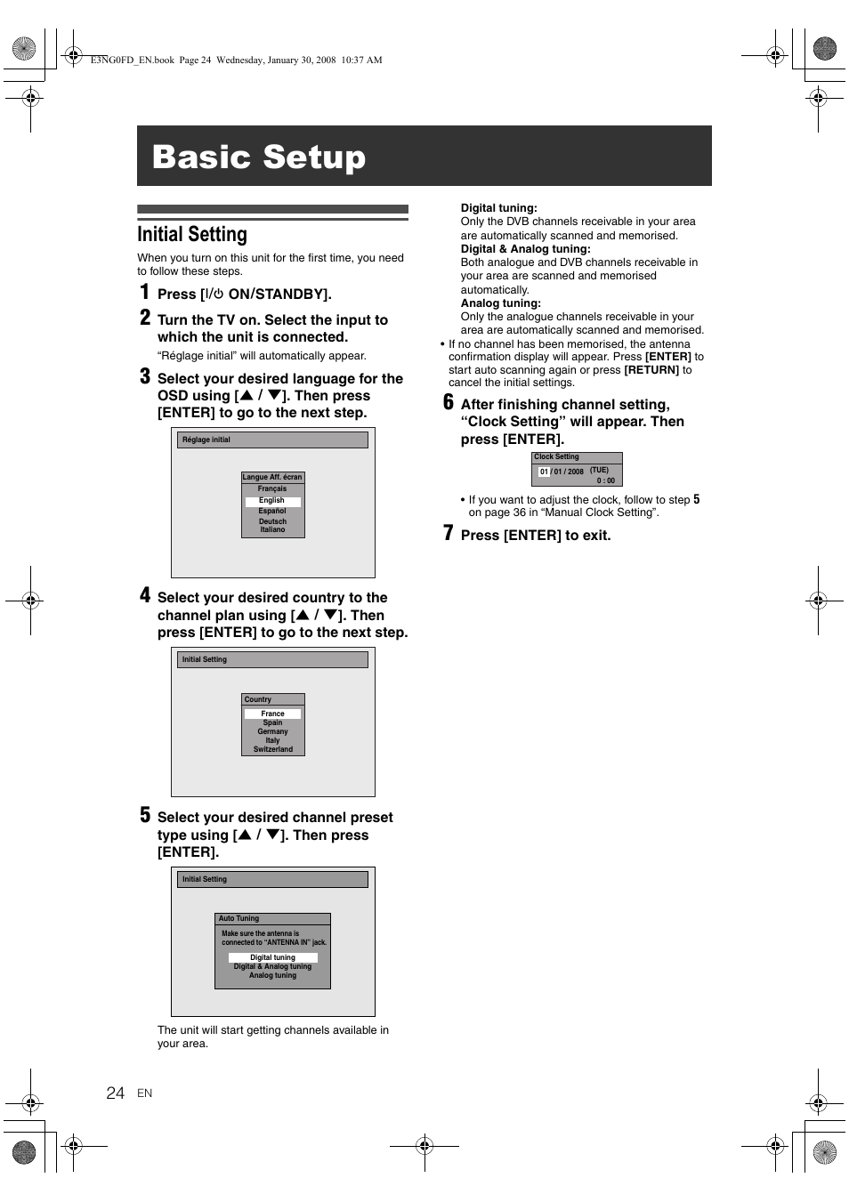 Basic setup, Initial setting | Toshiba RD-XV48DTKF User Manual | Page 24 / 103