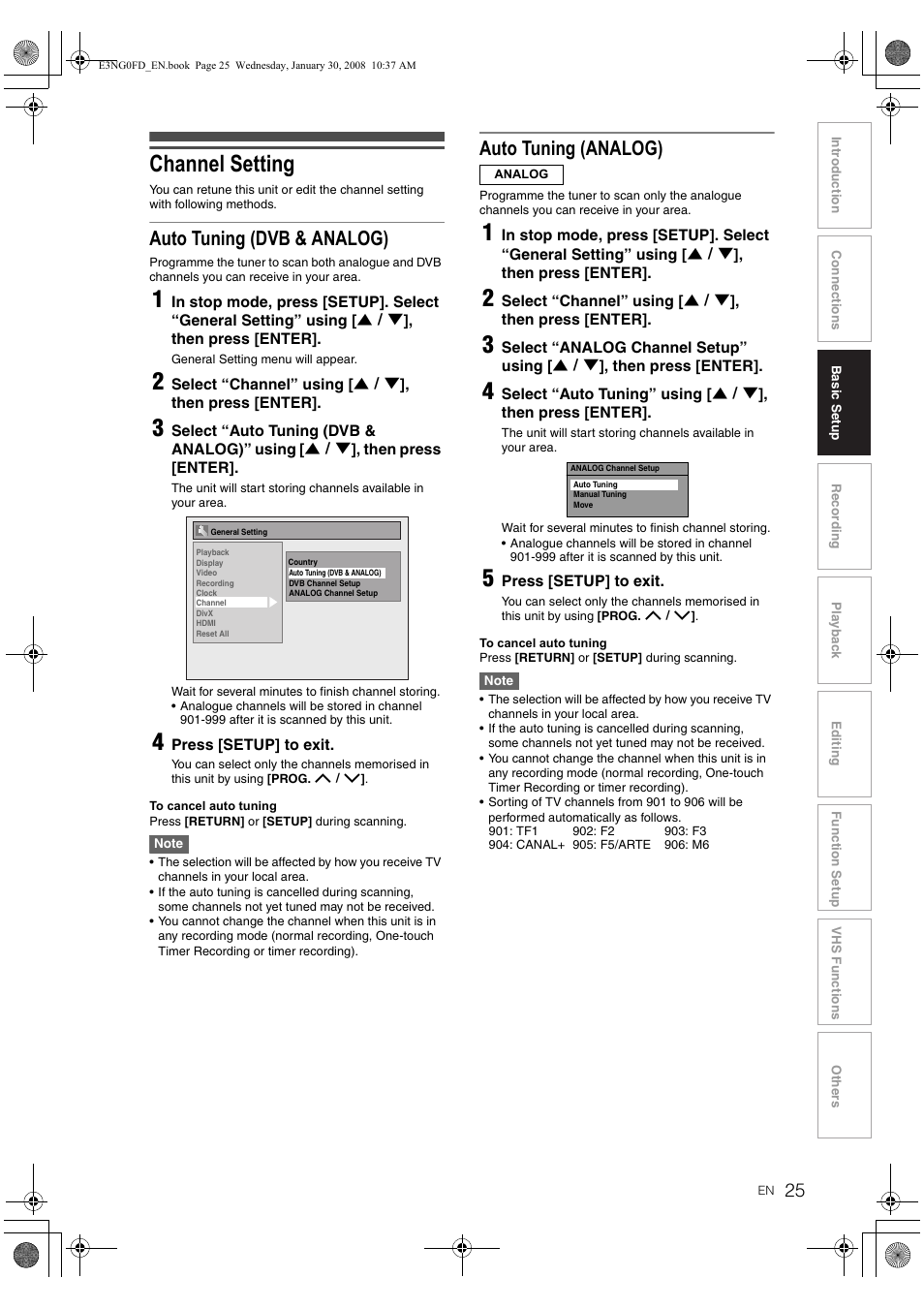 Channel setting, Auto t uning (dvb & analog), Auto tuning (analog) | Toshiba RD-XV48DTKF User Manual | Page 25 / 103