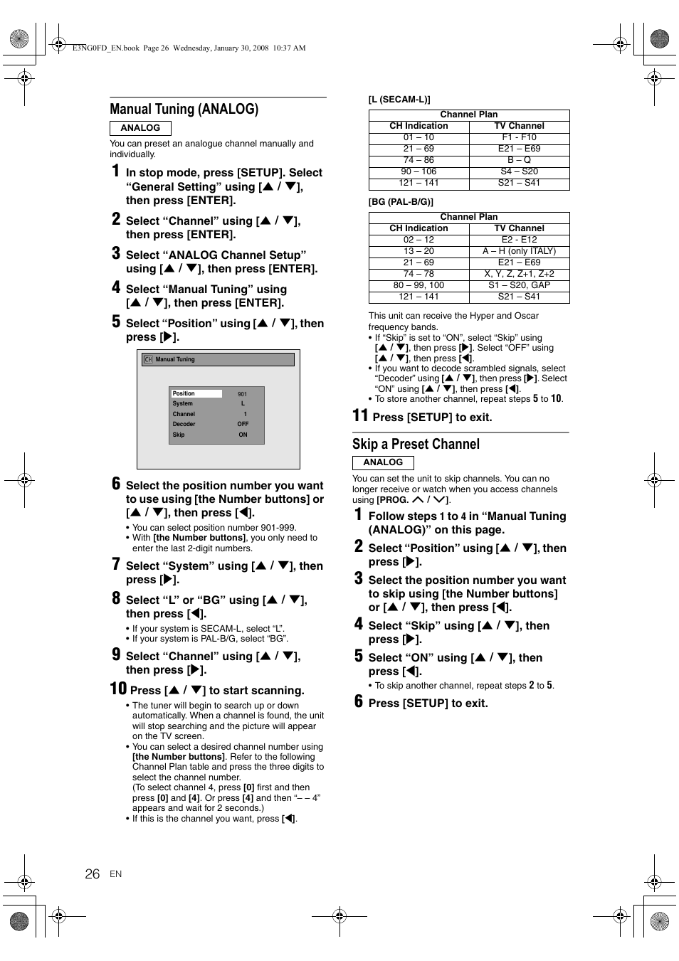 Manual tuning (analog), Skip a preset channel | Toshiba RD-XV48DTKF User Manual | Page 26 / 103