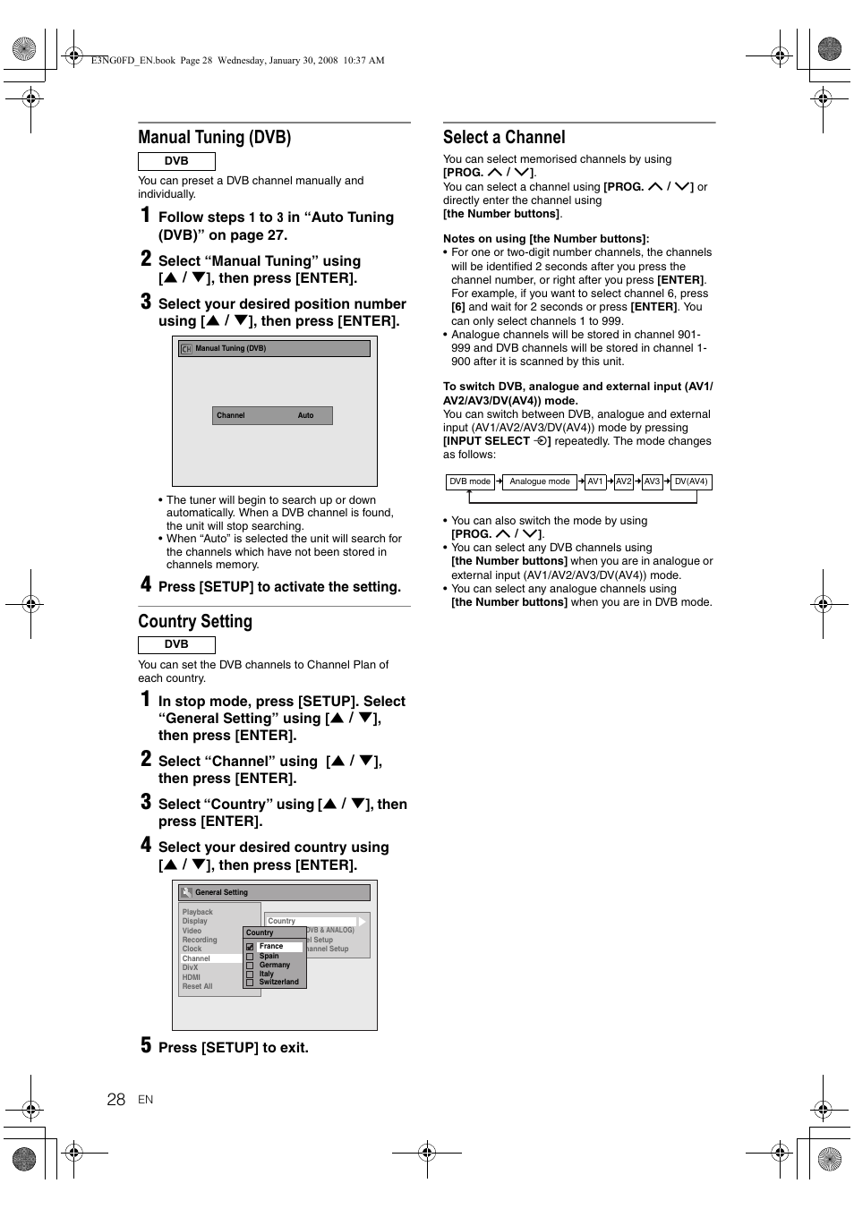 Manual tu ning (dvb), Country setting, Select a channel | Toshiba RD-XV48DTKF User Manual | Page 28 / 103