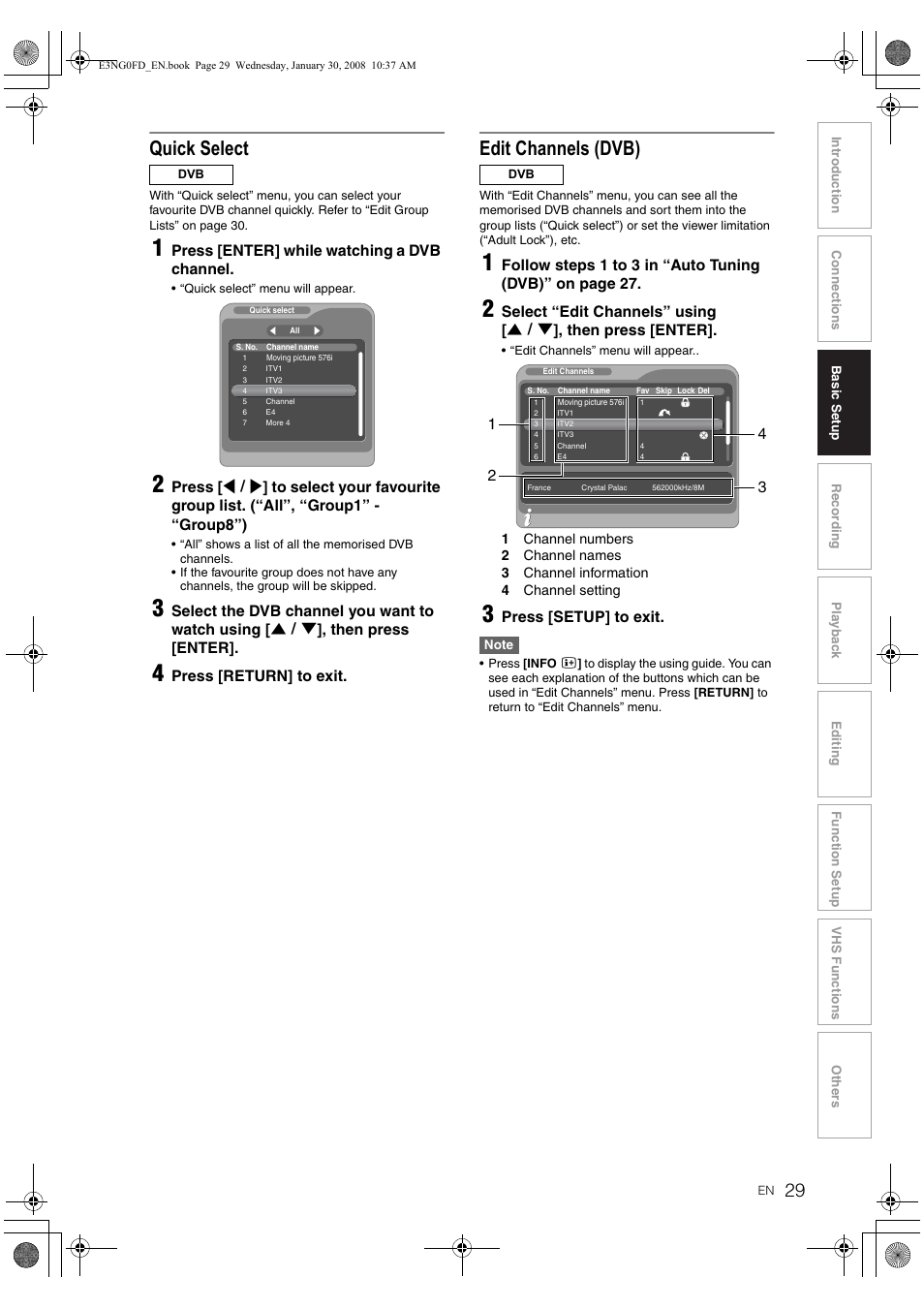 Quick select, Ed it channels (dvb) | Toshiba RD-XV48DTKF User Manual | Page 29 / 103