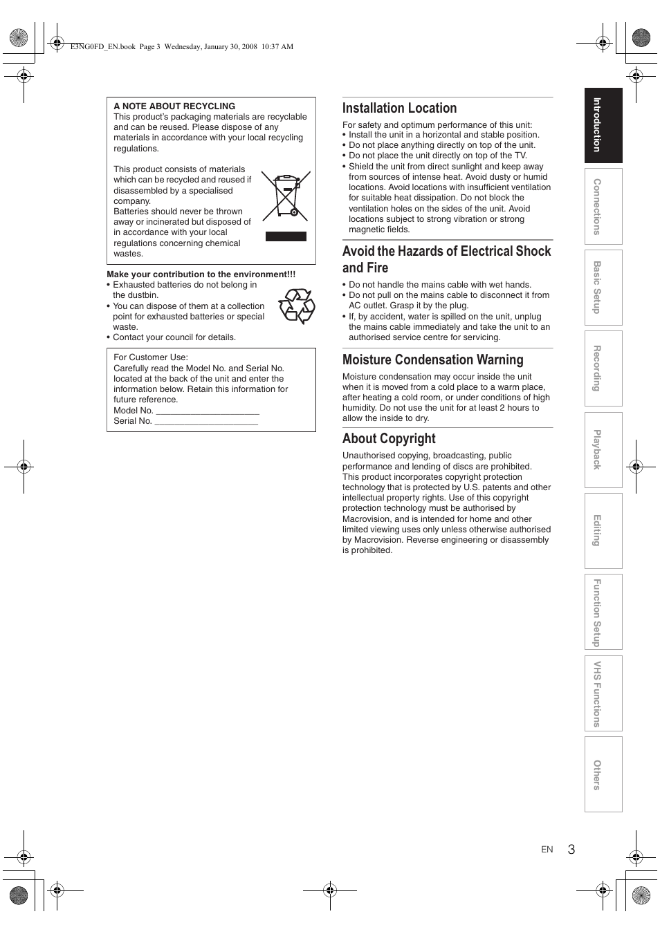 Installation location, Avoid the hazards of electrical shock and fire, Moisture condensation warning | About copyright | Toshiba RD-XV48DTKF User Manual | Page 3 / 103