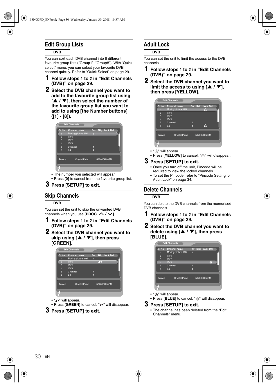 Edit group lists, Skip channels, Adult lock | Delete channels, Follow steps, Press [setup] to exit | Toshiba RD-XV48DTKF User Manual | Page 30 / 103