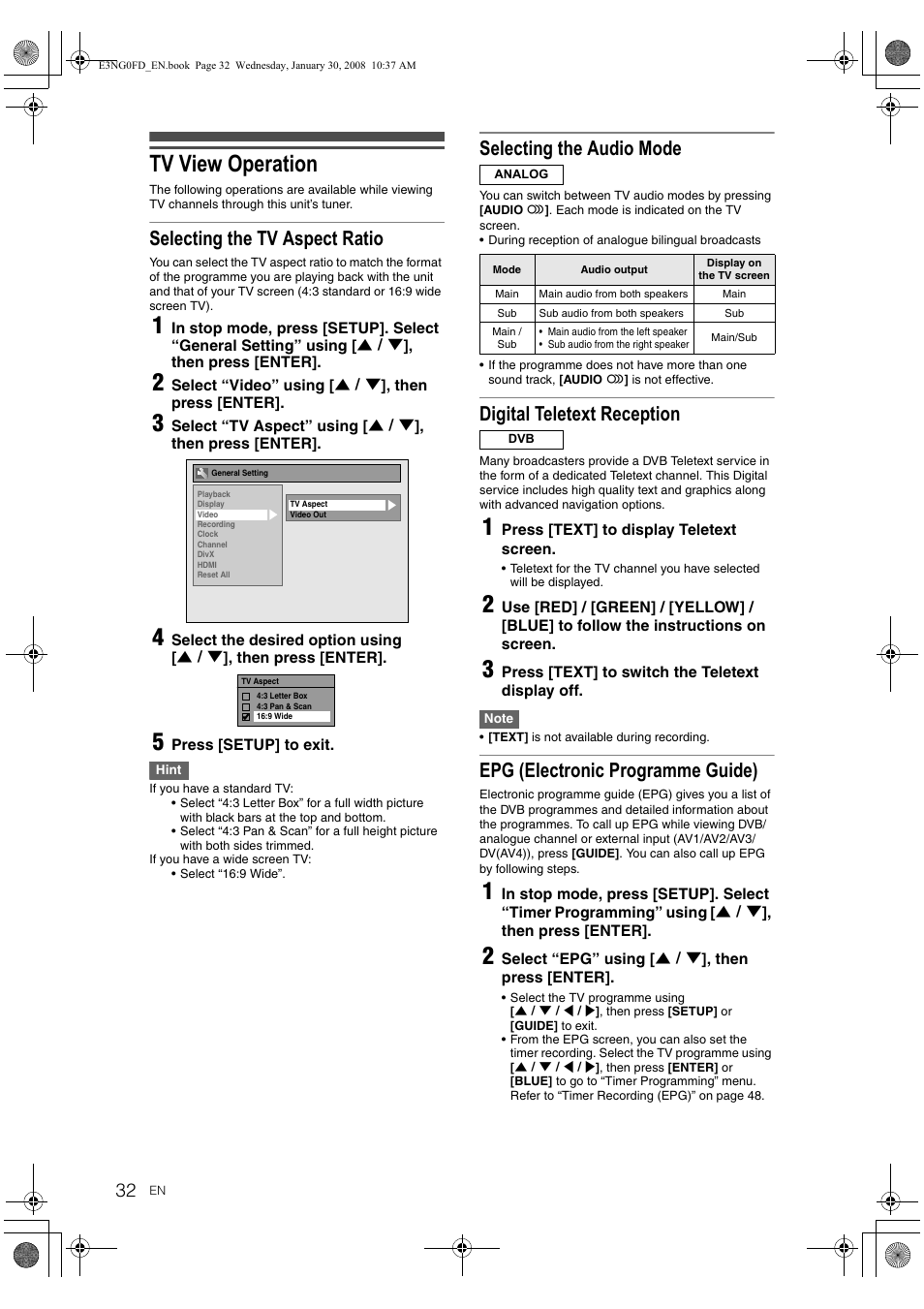 Tv view operation, Selecting the tv aspect ratio, Selecting the audio mode | Digital teletext reception, Epg (electronic programme guide) | Toshiba RD-XV48DTKF User Manual | Page 32 / 103