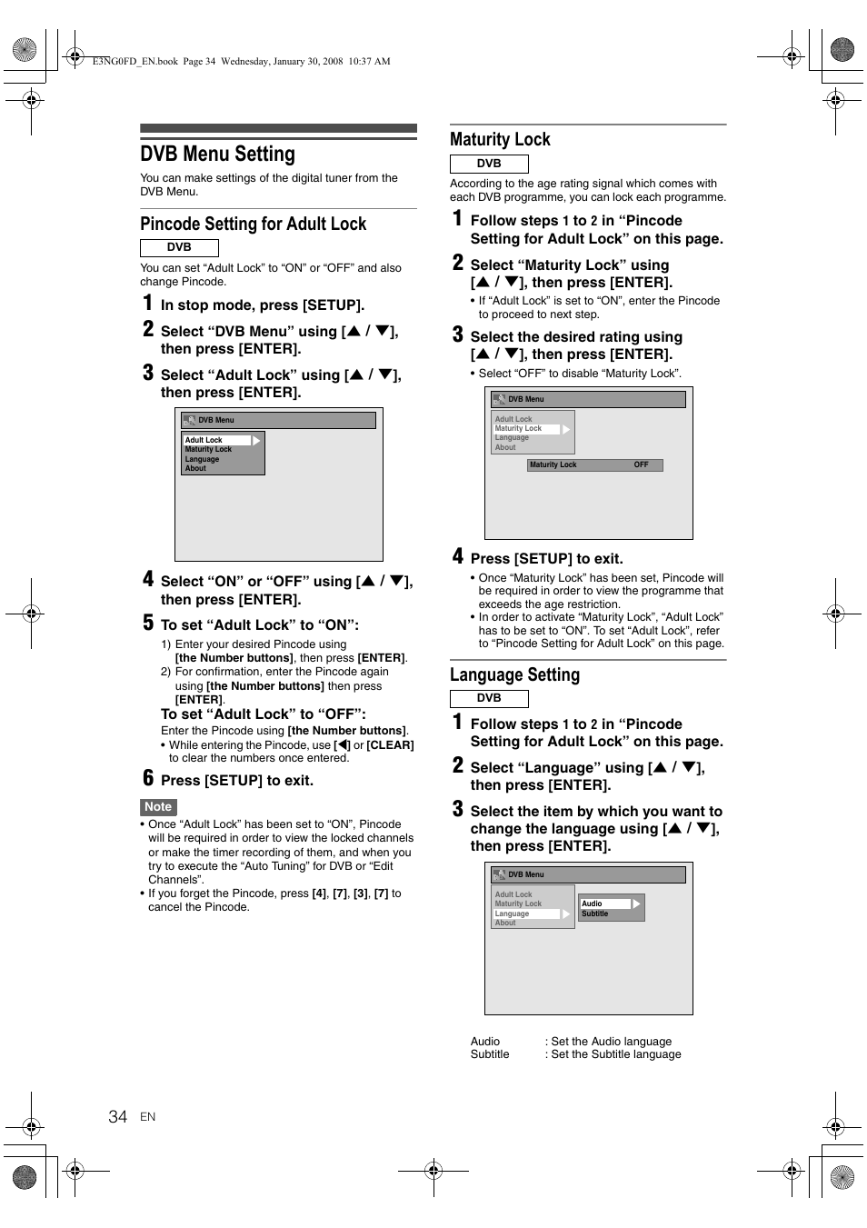 R to “pincode setting for, Dvb menu setting, Pincode setting for adult lock | Maturity lock, Language setting | Toshiba RD-XV48DTKF User Manual | Page 34 / 103