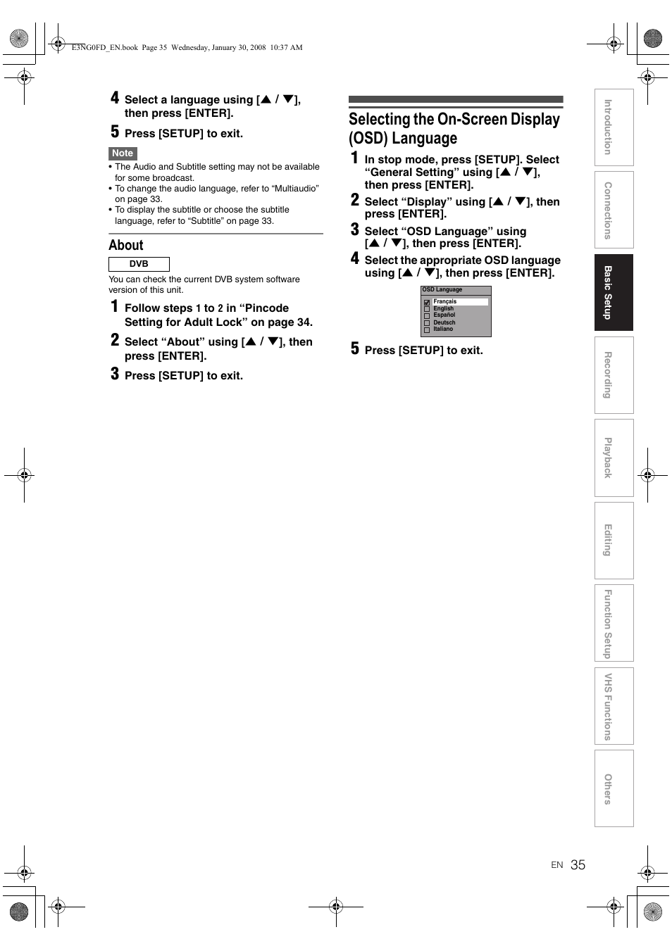 Selecting the on-screen display (osd) language 1, About | Toshiba RD-XV48DTKF User Manual | Page 35 / 103