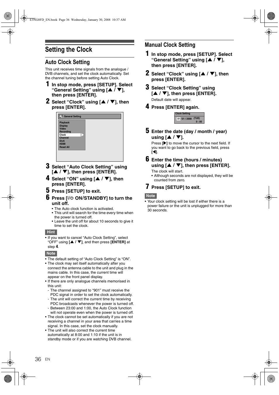 36 in “manual clock setting, Setting the clock, Auto clock setting | Manual clock setting | Toshiba RD-XV48DTKF User Manual | Page 36 / 103