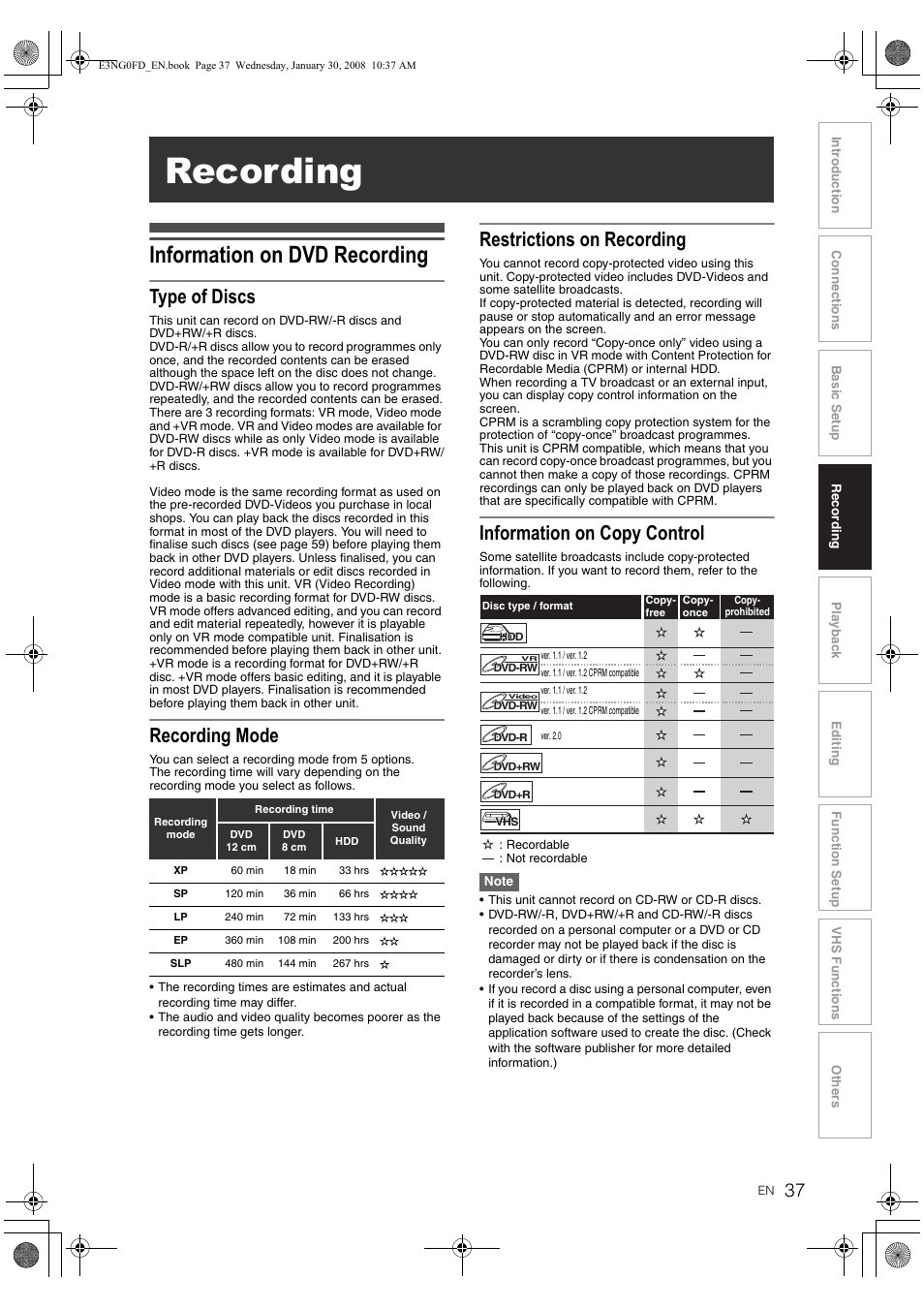 Recording, Information on dvd recording, Type of discs | Recording mode, Restrictions on recording, Information on copy control | Toshiba RD-XV48DTKF User Manual | Page 37 / 103