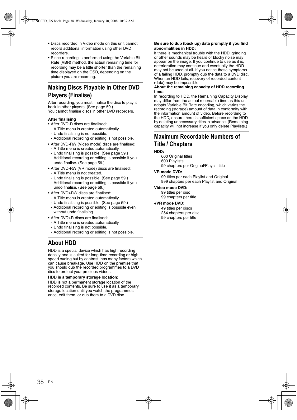 About hdd, Maximum recordable numbers of title / chapters | Toshiba RD-XV48DTKF User Manual | Page 38 / 103