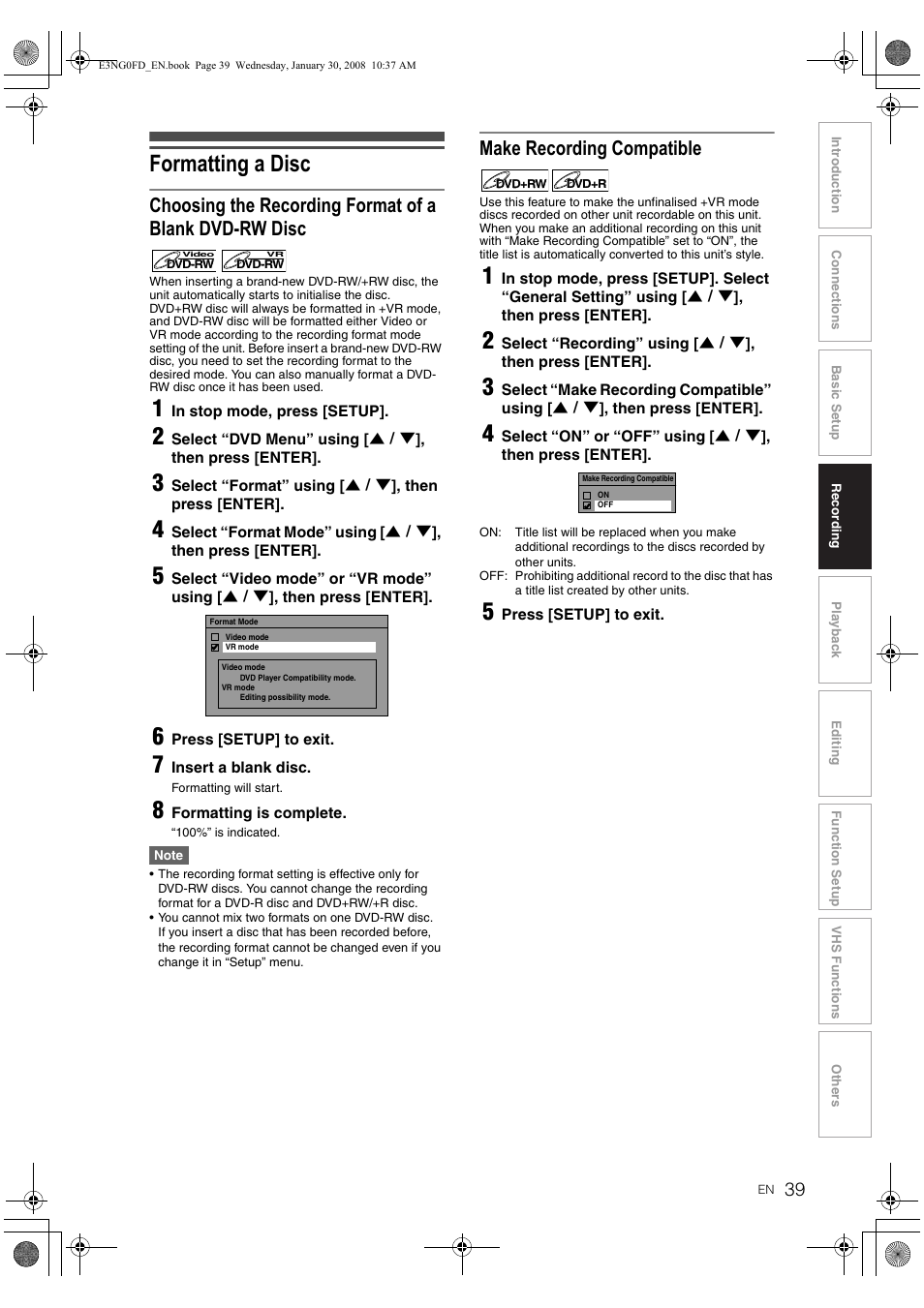 Formatting a disc, Make recording compatible | Toshiba RD-XV48DTKF User Manual | Page 39 / 103