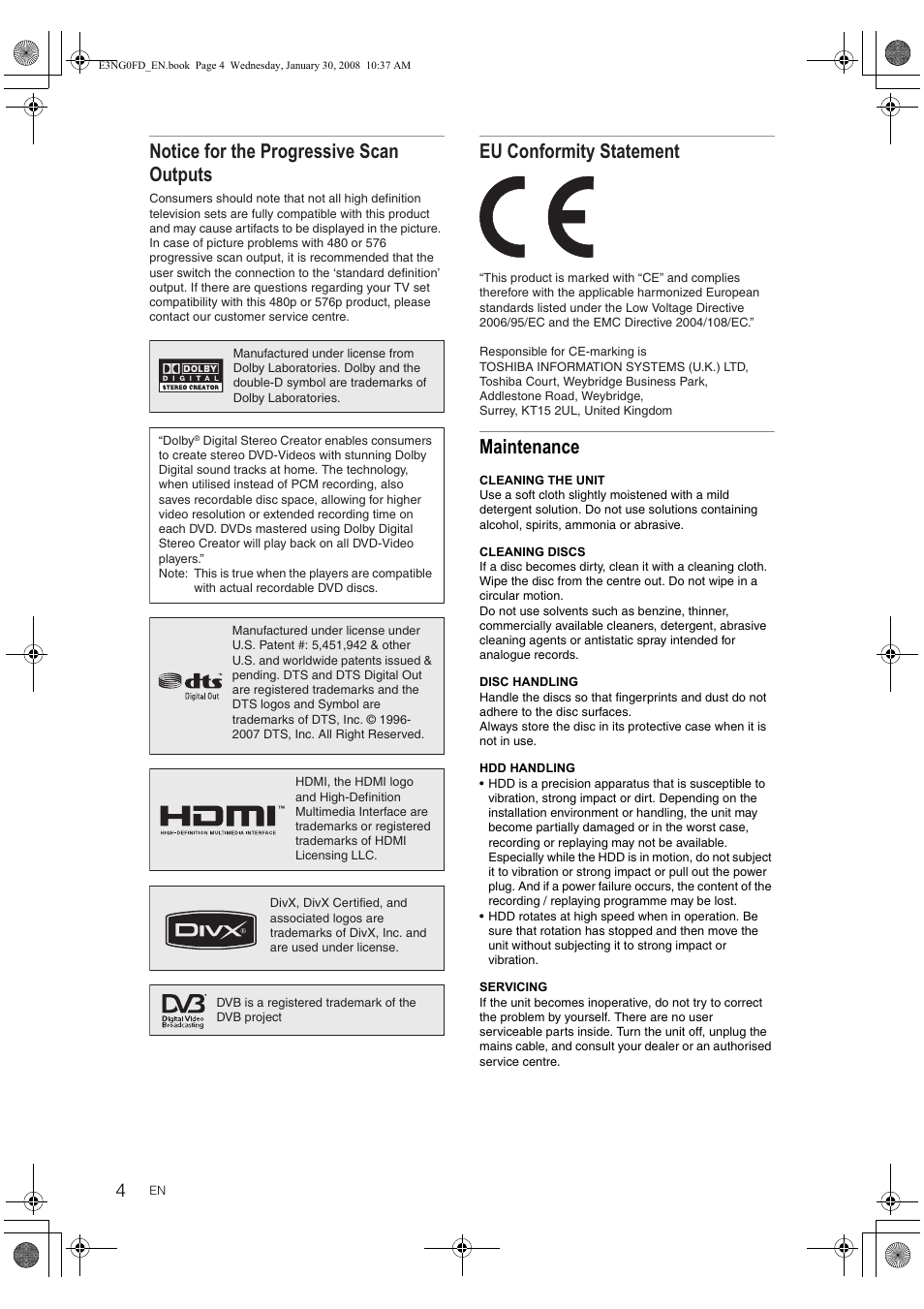 Maintenance, Notice for the progressive scan outputs, Eu conformity statement | Toshiba RD-XV48DTKF User Manual | Page 4 / 103